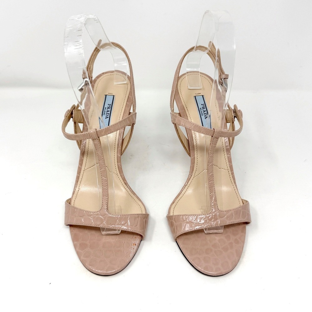 Prada Blush Pink Croc Embossed Leather T-Strap Sandals Heels EU 38 - Picture 2 of 10